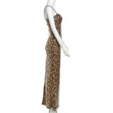 Khaki Leopard Strapless Sequins Bodycon Women Evening Formal Maxi Dress