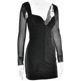 Black Mesh Long Sleeve Low Cut V Neck Pleated Office Lady Mini Dress