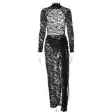 Black Lace Long Sleeve Rompers Hollow Out See Through Two Pieces Club Skirt Dress