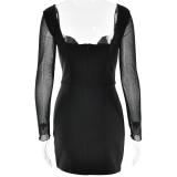 Black Mesh Long Sleeve Low Cut V Neck Pleated Office Lady Mini Dress