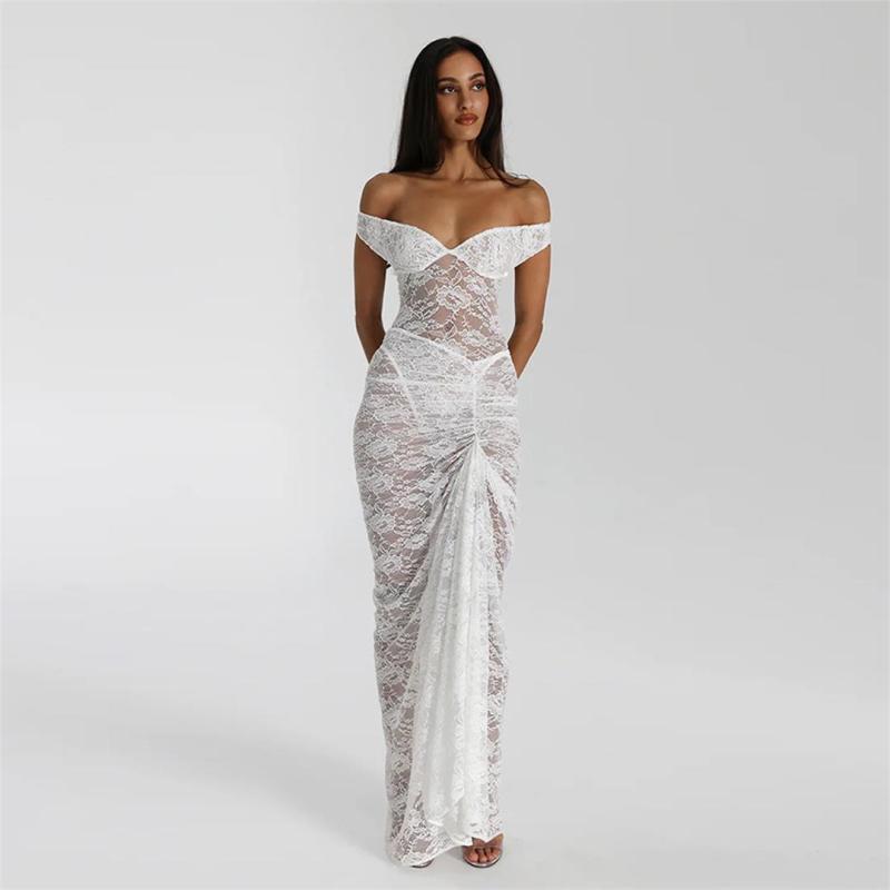 White Lace Hollow Out Rompers Sexy Two Pieces Slit Long Skirt Dress Set