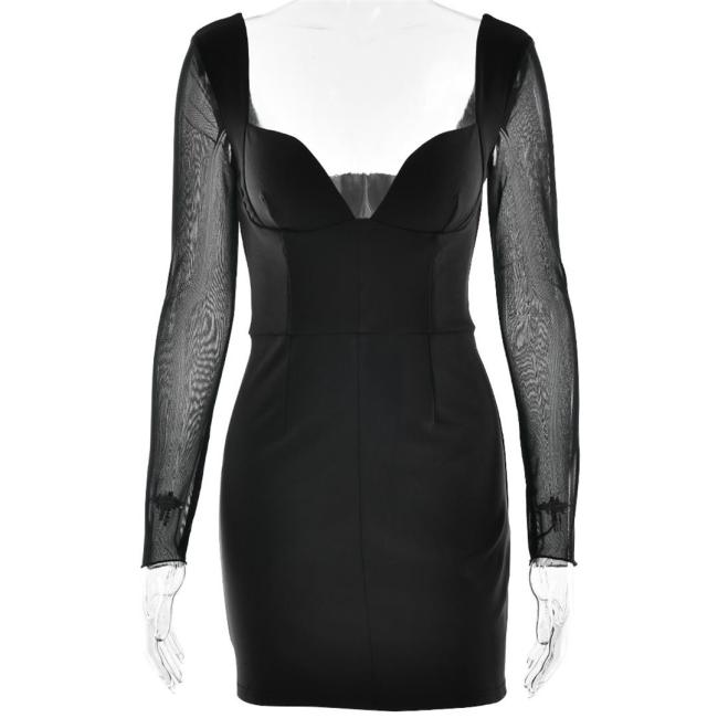Black Mesh Long Sleeve Low Cut V Neck Pleated Office Lady Mini Dress