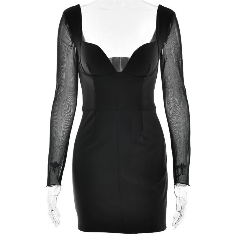 Blue Mesh Long Sleeve Low Cut V Neck Pleated Office Lady Mini Dress