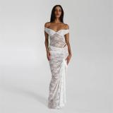 White Lace Hollow Out Rompers Sexy Two Pieces Slit Long Skirt Dress Set