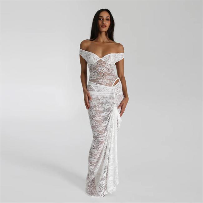 White Lace Hollow Out Rompers Sexy Two Pieces Slit Long Skirt Dress Set