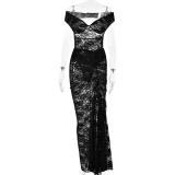 Black Lace Hollow Out Rompers Sexy Two Pieces Slit Long Skirt Dress Set