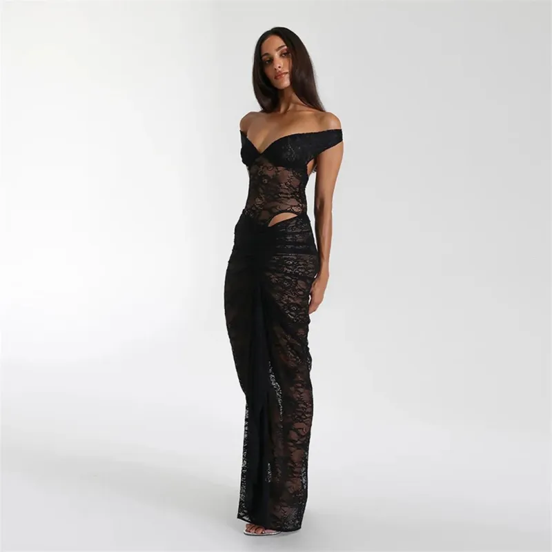 Black Lace Hollow Out Rompers Sexy Two Pieces Slit Long Skirt Dress Set