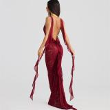 Red Straps Lace Hollow Out Sexy See Through Evening Prom Maxi Dress