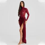 Red Lace Long Sleeve Rompers Hollow Out See Through Two Pieces Club Skirt Dress