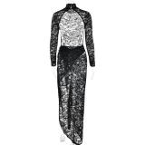 Black Lace Long Sleeve Rompers Hollow Out See Through Two Pieces Club Skirt Dress
