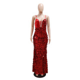Red Straps Low Cut V Neck Pearls Elegant Sequins Evening Party Maxi Dress