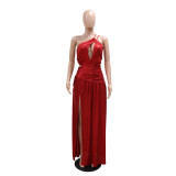 Red Cut Out Straps Gilding Pleated Snatched Slit Party Nights Dress