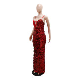 Red Straps Low Cut V Neck Pearls Elegant Sequins Evening Party Maxi Dress