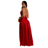 Red Cut Out Straps Gilding Pleated Snatched Slit Party Nights Dress