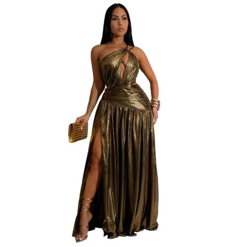 Gold Cut Out Straps Gilding Pleated Snatched Slit Party Nights Dress