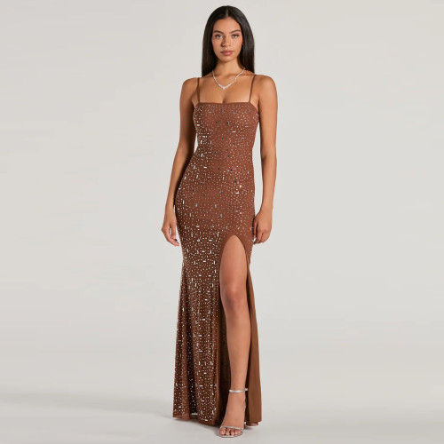 Coffee Women's Bright Diamonds Sexy Suspender Mermaid Slit Long Evening Prom Dress