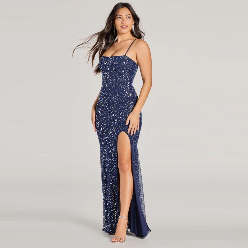 Royal Blue Women's Bright Diamonds Sexy Suspender Mermaid Slit Long Evening Prom Dress