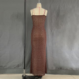Coffee Women's Bright Diamonds Sexy Suspender Mermaid Slit Long Evening Prom Dress