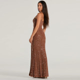 Coffee Women's Bright Diamonds Sexy Suspender Mermaid Slit Long Evening Prom Dress