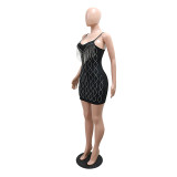 Black Sexy Straps V Neck Diamonds Bodycon Tassels Club Dress