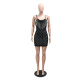 Black Sexy Straps V Neck Diamonds Bodycon Tassels Club Dress