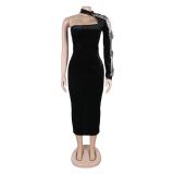 Black One Sleeve Diamonds Bow Knot Velvet Bodycon Evening Dress