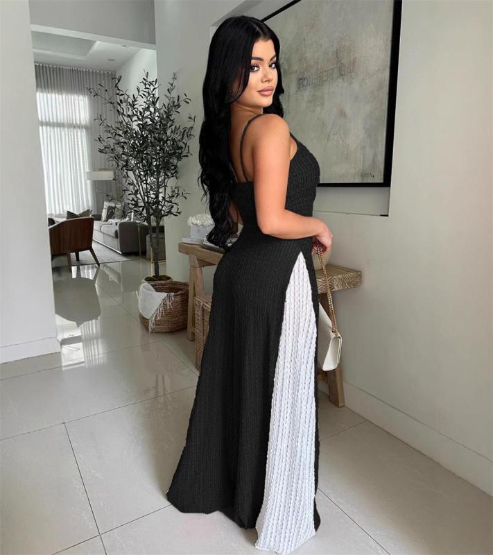 Black Straps Knitted Hollow Out Wide Leg Women Casual Jumpsuit
