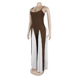 Coffee Straps Knitted Hollow Out Wide Leg Women Casual Jumpsuit