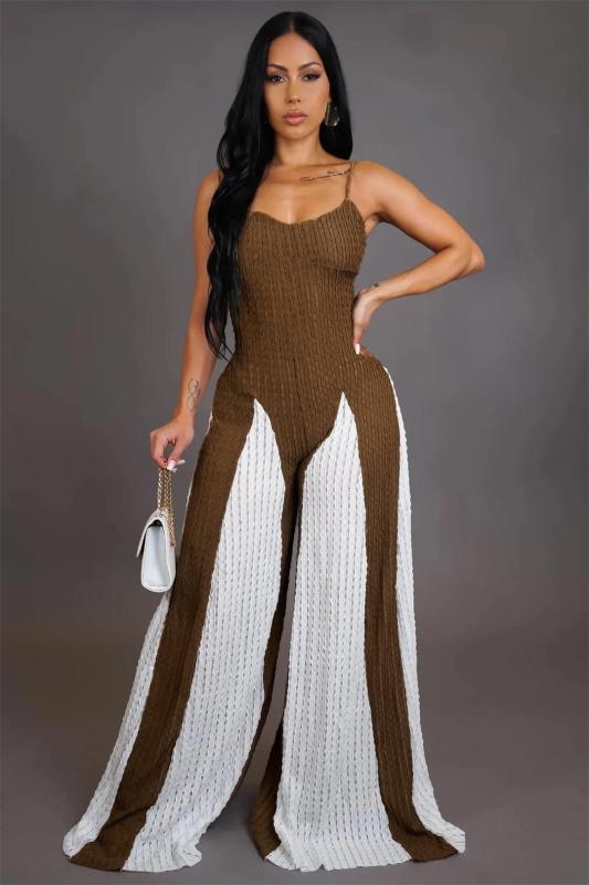 Coffee Straps Knitted Hollow Out Wide Leg Women Casual Jumpsuit