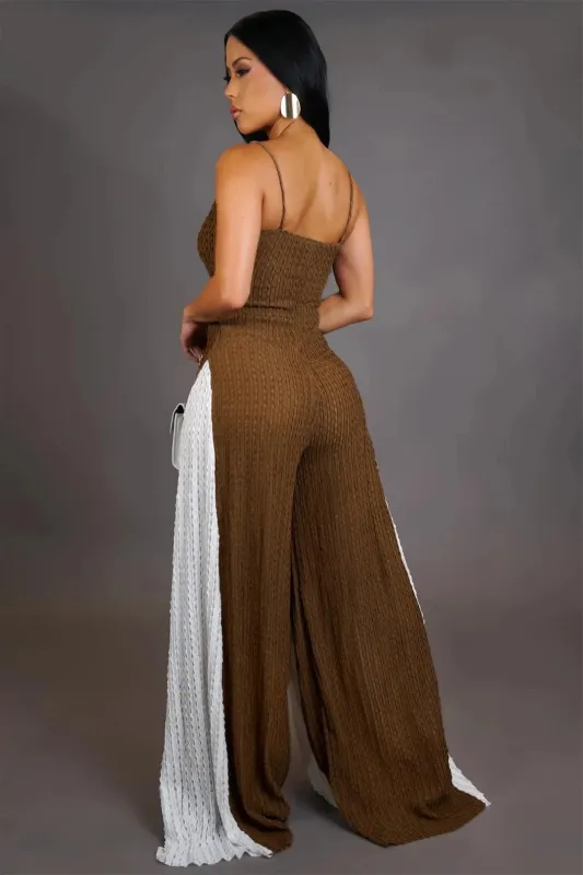 Coffee Straps Knitted Hollow Out Wide Leg Women Casual Jumpsuit