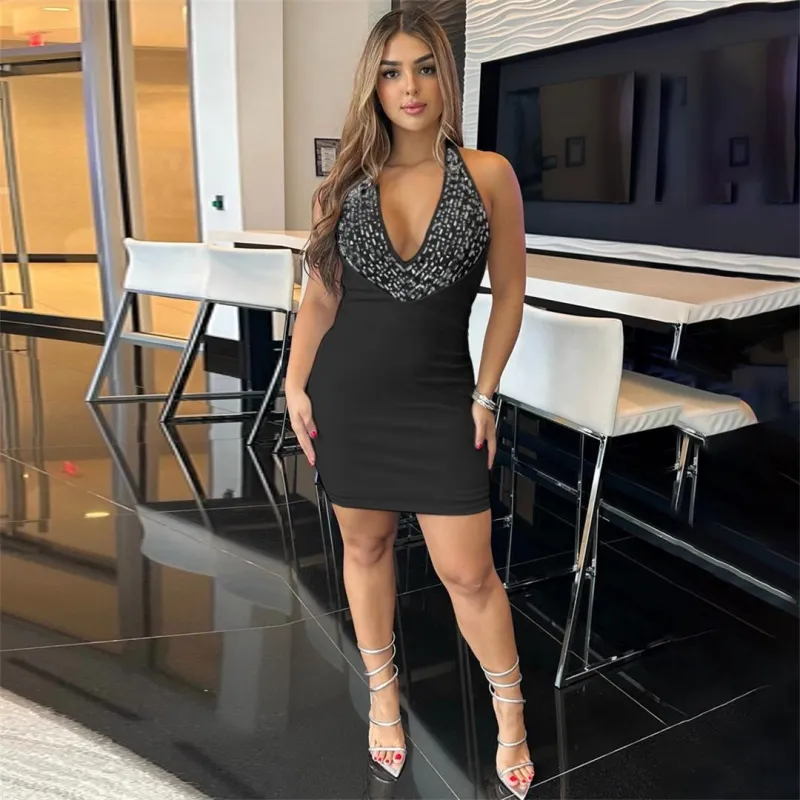 Black Halter Deep V Neck Diamonds Sexy Bodycon Party Clubwear