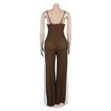 Coffee Straps Knitted Hollow Out Wide Leg Women Casual Jumpsuit