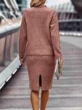 Dark Pink Long Sleeve Striped Half Turtleneck Tops Sweaters Casual Two Pieces Skirt Sets 006