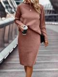 Dark Pink Long Sleeve Striped Half Turtleneck Tops Sweaters Casual Two Pieces Skirt Sets 006