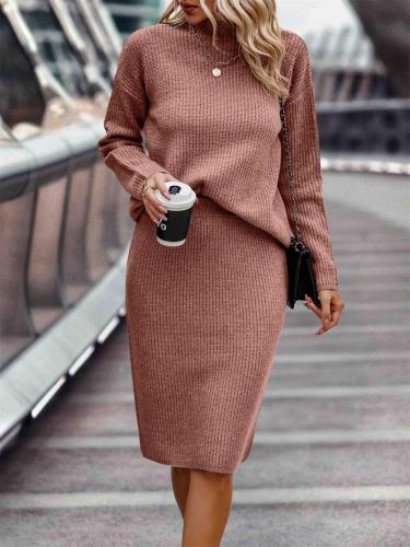 Dark Pink Long Sleeve Striped Half Turtleneck Tops Sweaters Casual Two Pieces Skirt Sets 006