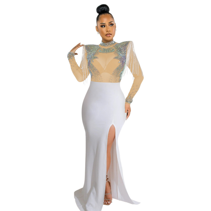 White Diamonds Tassels Mesh Long Sleeve See Through Evening Party Formal Maxi Dress