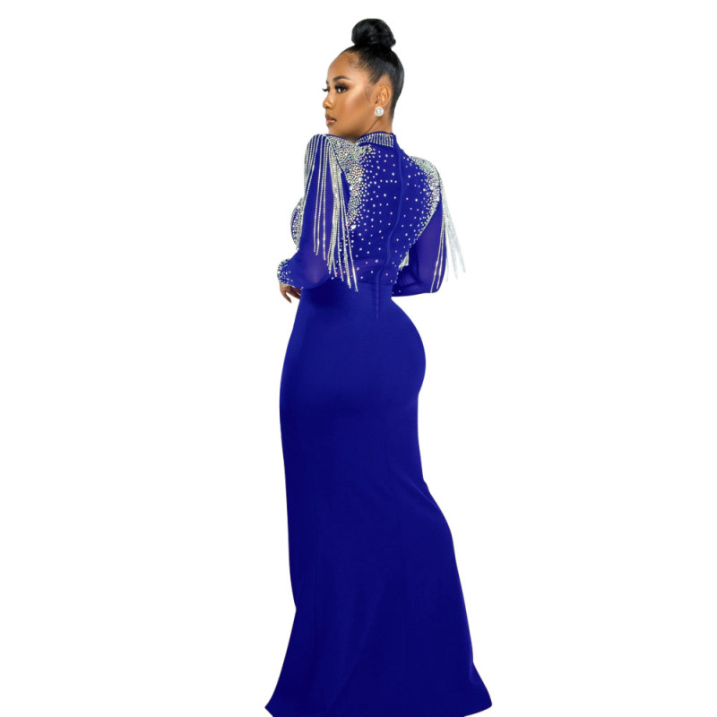 Blue Diamonds Tassels Mesh Long Sleeve See Through Evening Party Formal Maxi Dress