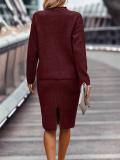Claret Long Sleeve Striped Half Turtleneck Tops Sweaters Casual Two Pieces Skirt Sets