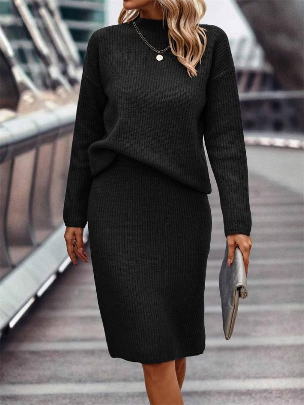 Black Long Sleeve Striped Half Turtleneck Tops Sweaters Casual Two Pieces Skirt Sets