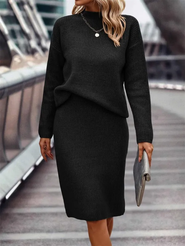 Black Long Sleeve Striped Half Turtleneck Tops Sweaters Casual Two Pieces Skirt Sets