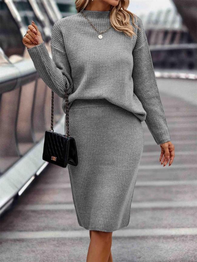Gray Long Sleeve Striped Half Turtleneck Tops Sweaters Casual Two Pieces Skirt Sets
