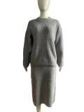 Gray Long Sleeve Striped Half Turtleneck Tops Sweaters Casual Two Pieces Skirt Sets