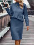 Light Blue Long Sleeve Striped Half Turtleneck Tops Sweaters Casual Two Pieces Skirt Sets
