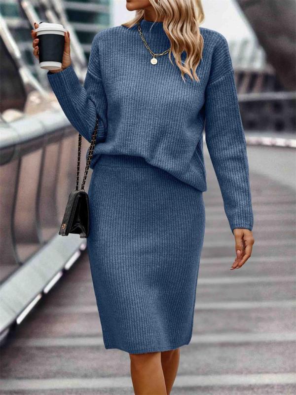 Light Blue Long Sleeve Striped Half Turtleneck Tops Sweaters Casual Two Pieces Skirt Sets