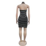 Black Strapless Low Cut Backless Diamonds Mesh Bodycon Party Mini Dress