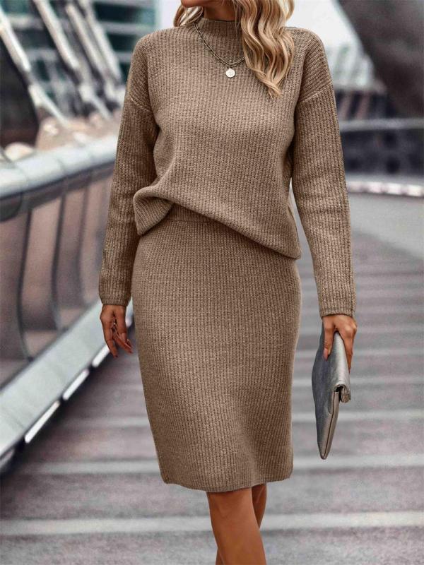 Khaki Long Sleeve Striped Half Turtleneck Tops Sweaters Casual Two Pieces Skirt Sets