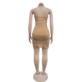 Beige Strapless Low Cut Backless Diamonds Mesh Bodycon Party Mini Dress
