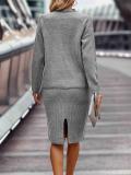 Gray Long Sleeve Striped Half Turtleneck Tops Sweaters Casual Two Pieces Skirt Sets