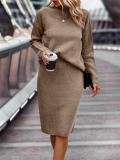 Khaki Long Sleeve Striped Half Turtleneck Tops Sweaters Casual Two Pieces Skirt Sets