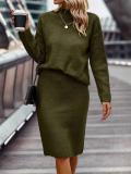 Green Long Sleeve Striped Half Turtleneck Tops Sweaters Casual Two Pieces Skirt Sets
